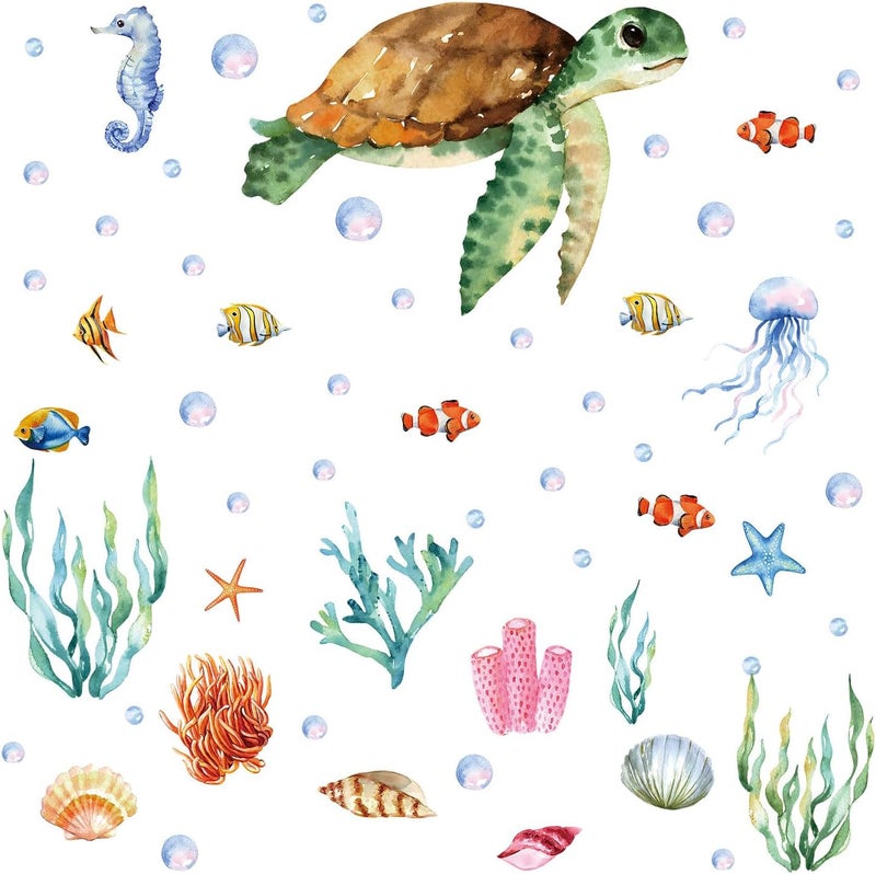 Kasubeso Large Summer Ocean Window Clings Decals, Watercolor Sea Turtle Jellyfish Bubbles Wall Stickers, Peel and Stick Ocean Anmial Wall Decor for Bedroom Bathroom Window School Nursery Decoration - Image 3